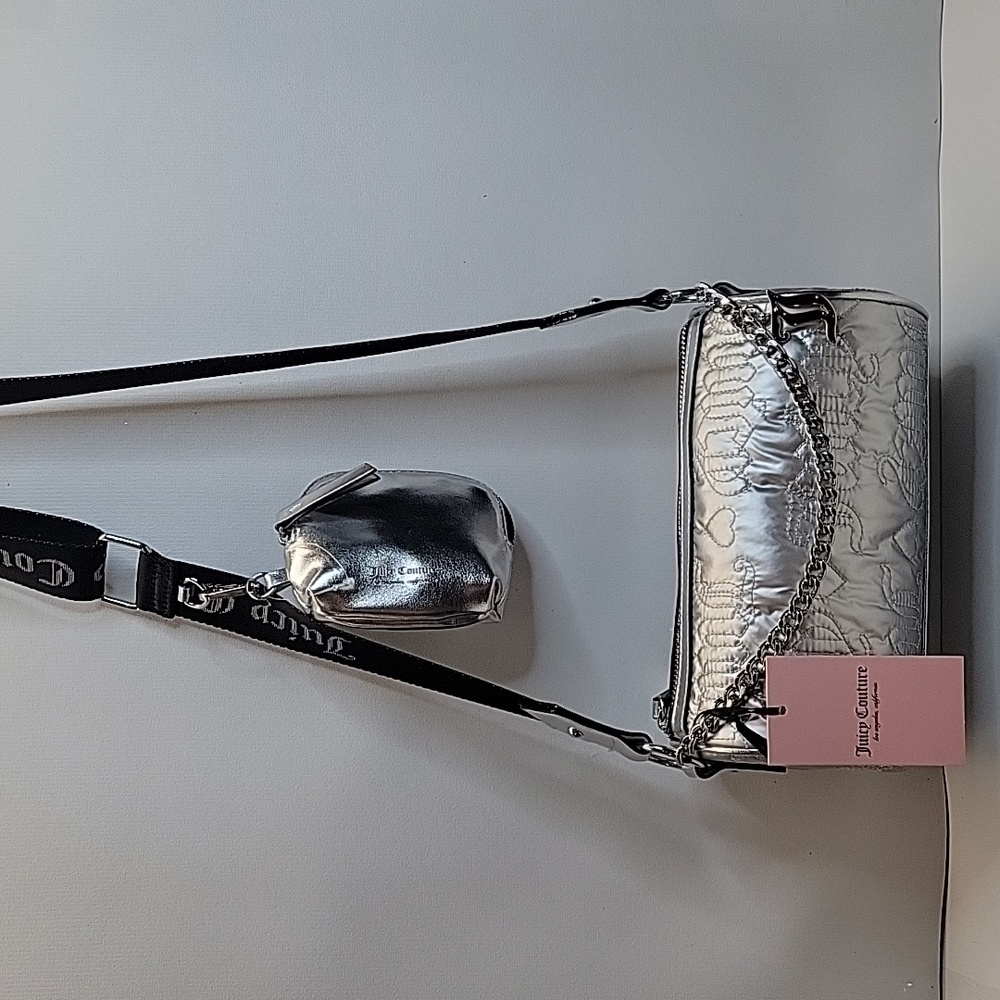 NWT Juicy Couture Puff Roll Crossbody Bag with Accessory Pouch Color:Silver